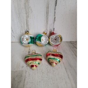 Vintage mini blown glass heart reflector ball set ornament Xmas glitter